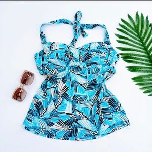 Bisou Bisou Swimsuit Top Turquoise White Swimwear Padded Large Halter Tankini